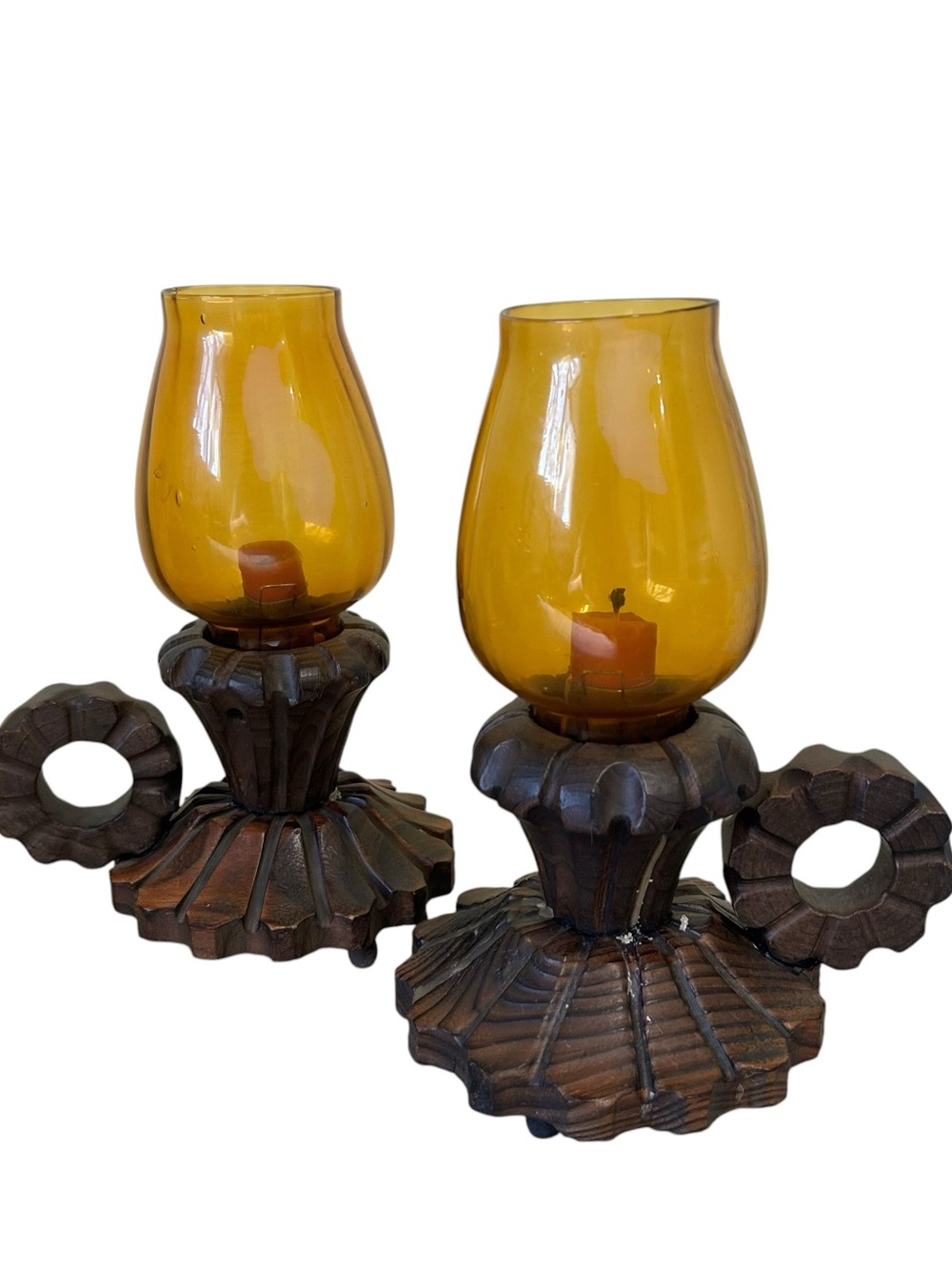 Vintage Wood and Glass Hurricane Rustic Candle Holder Set of 2